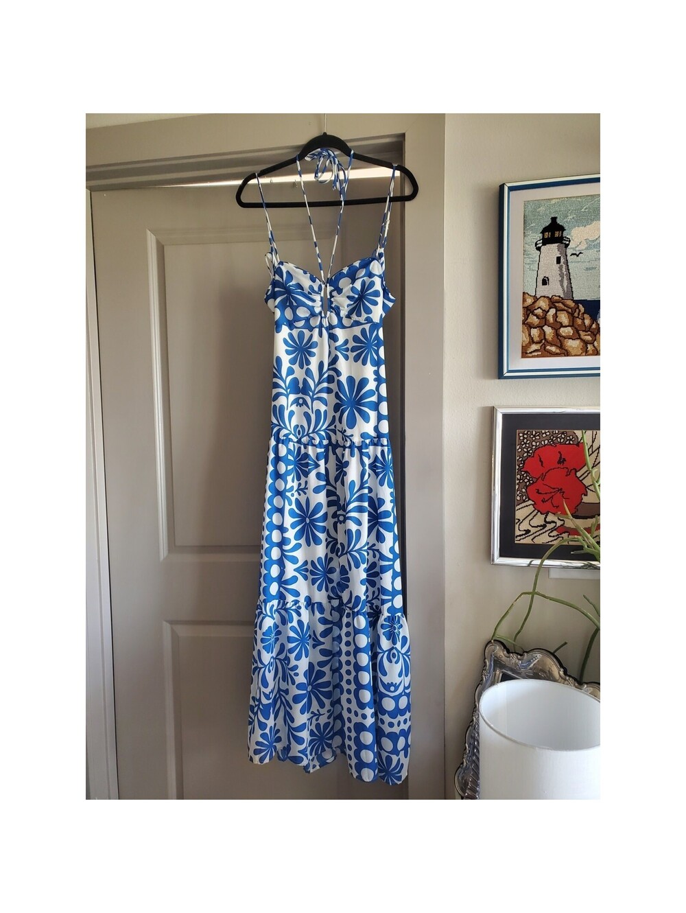 Halter Tiered Maxi Sundress Blue White Tile Print Farm Rio Style Size L